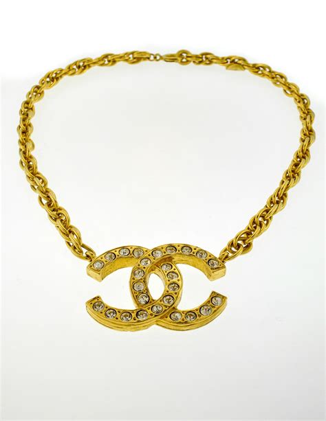 face chanel gold plated cc logos rhinestone vintage chain necklace|Vintage Chanel jewelry for sale.